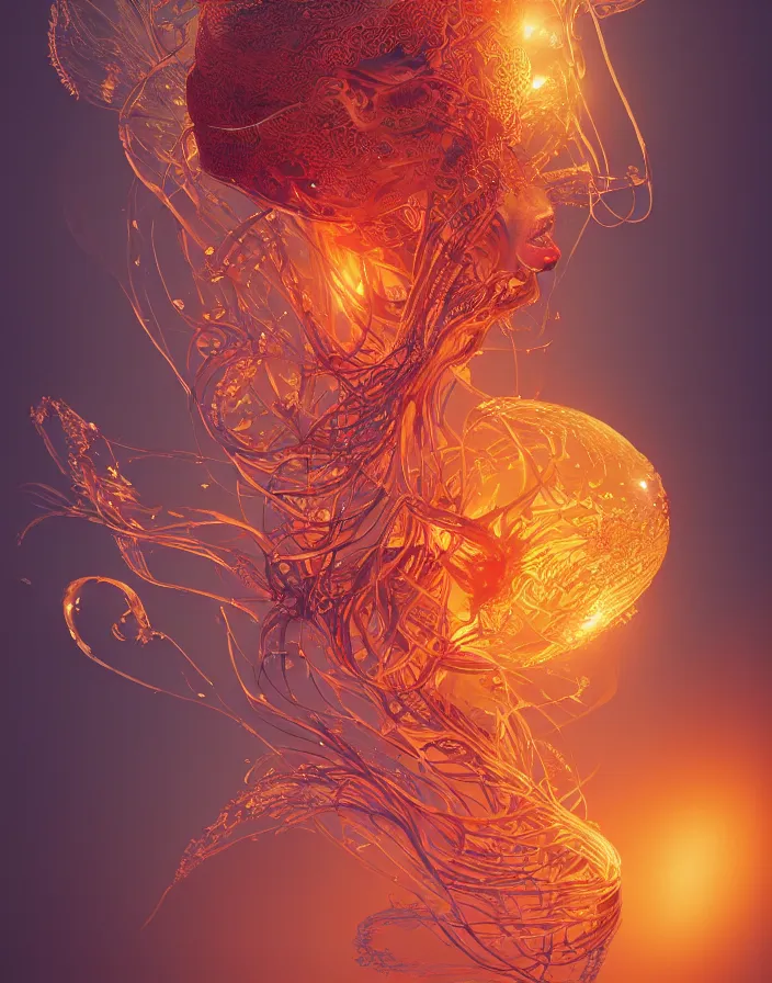 Prompt: goddess portrait. burning water distortions. intricate abstract ornament. jellyfish butterfly phoenix head. intricate artwork by Tooth Wu and wlop and beeple and dan mumford. octane render, trending on artstation, greg rutkowski very coherent symmetrical artwork. cinematic, hyper realism, high detail, octane render, 8k, depth of field, bokeh