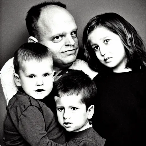 Prompt: symmetrical human 1 9 9 0 s family portrait of the simpsons, grainy high contrast black and white photography photo print ilford warm tone, high definition studio photograph