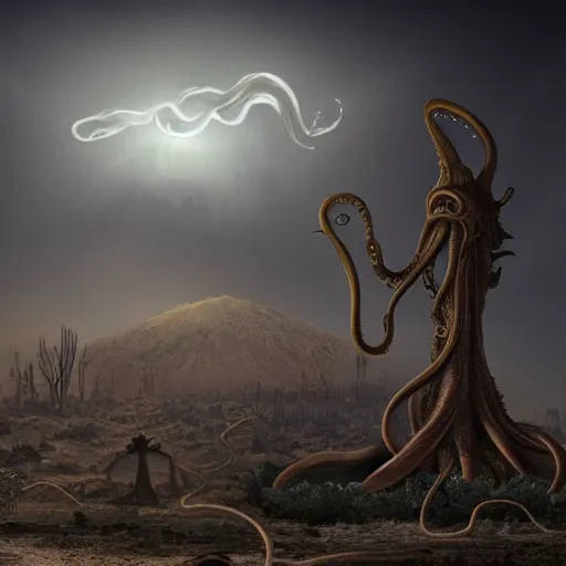 Prompt: Giant smoke monster coming out of the ground, thick swirling smoke, Nyarlathotep, Tentacles, mist, dramatic lighting, Byzantine ruins, desert, cinematic, trending on artstation