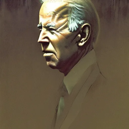 Image similar to presidential portrait of joe biden with shadowy mist pouring from mouth and nose as slenderman, by beksinski, jon mcnaughton, and stephen gammell