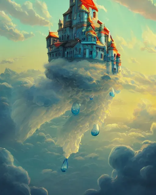 Prompt: flying cloud castle, bubble buildings, illustration, bright, blue sky, mountains, colorful, cinematic lighting, fantasy, high detail, masterpiece, artstation, 4 k, art by wylie beckert