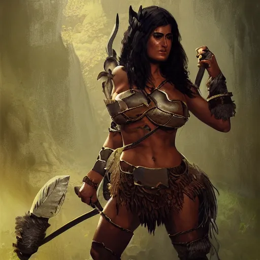 Prompt: salma hayek as amazonian amazon barbarian warrior, hyper detailed, digital art, trending in artstation, cinematic lighting, studio quality, smooth render, unreal engine 5 rendered, octane rendered, art style by klimt and nixeu and ian sprigger and wlop and krenz cushart.