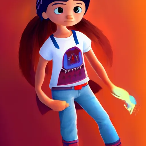 Image similar to Concept art of a 12yo cute indigenous little girl Pixar-style with a white t-shirt with red sleeves and regular blue jeans with cool shoes, her hair and eyes are imbued with fire powers trending on artstation Even Amundsen