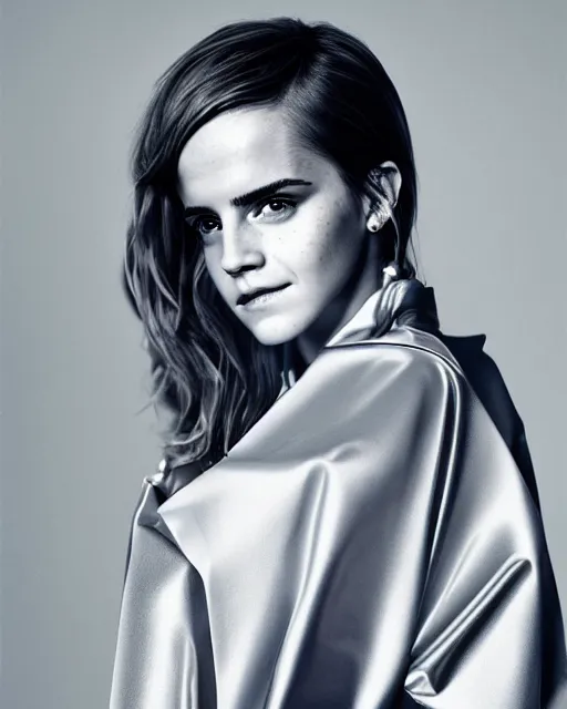 Prompt: emma watson wearing a futuristic metal kimono, half body portrait, greg kutkowski, sharp details, subsurface scattering, pearls of sweat, glistening skin, warm lighting