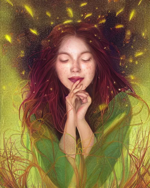 Image similar to a young woman, smiling, amazed by the lights of golden fireflies, sitting in the midst of nature fully covered, long loose red hair, intricate linework, dreamy green eyes, small nose with freckles, oval shape face, realistic, expressive emotions, dramatic lights, spiritual scene, hyper realistic ultrafine digital art by james jean and albert bierstadt and artgerm