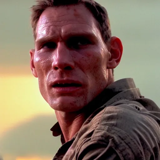 Image similar to Live Action Still of Jerma985 in Apocalypse Now, real life, hyperrealistic, ultra realistic, realistic, highly detailed, epic, HD quality, 8k resolution, body and headshot, film still