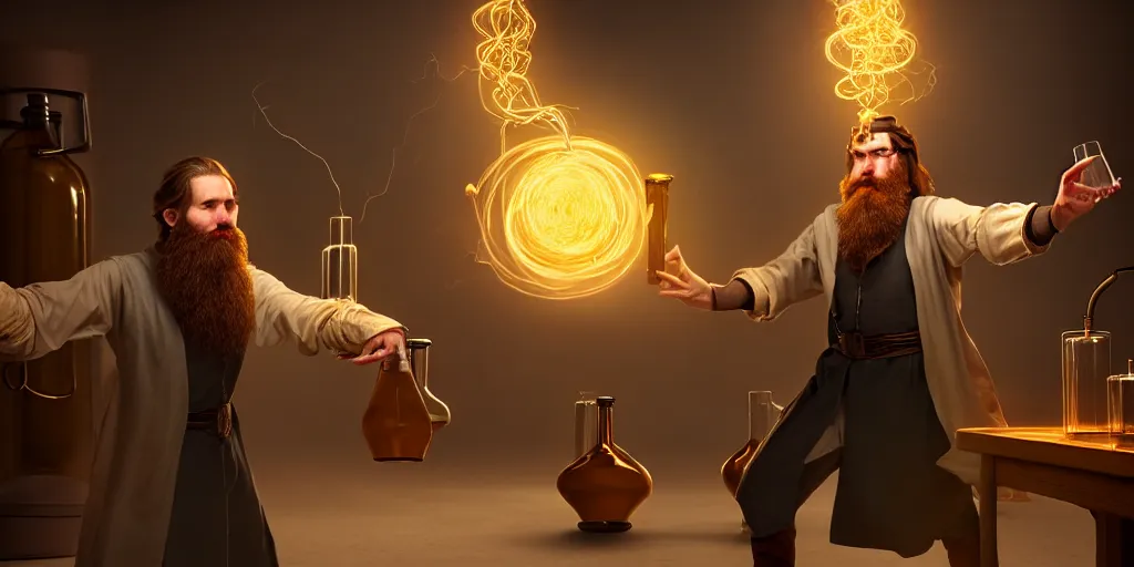 Prompt: a handsome bearded caucasian male sorcerer with brown hair he is casting a spell with flowing energy, he is in a alchemist lab filled with beakers and equipment, neutral pose, epic composition, 4 k, light rays, by dave melvin 3. 0 | dan luvisi 1. 0 | gilles beloeil 2. 5