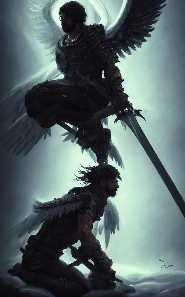 Image similar to dark blizzard art, portrait of fallen man angel kneeling with a sword and wings, bokeh. dark art masterpiece artstation. 8k, sharp high quality illustration in style of Jose Daniel Cabrera Pena and Leonid Kozienko, concept art by Tooth Wu