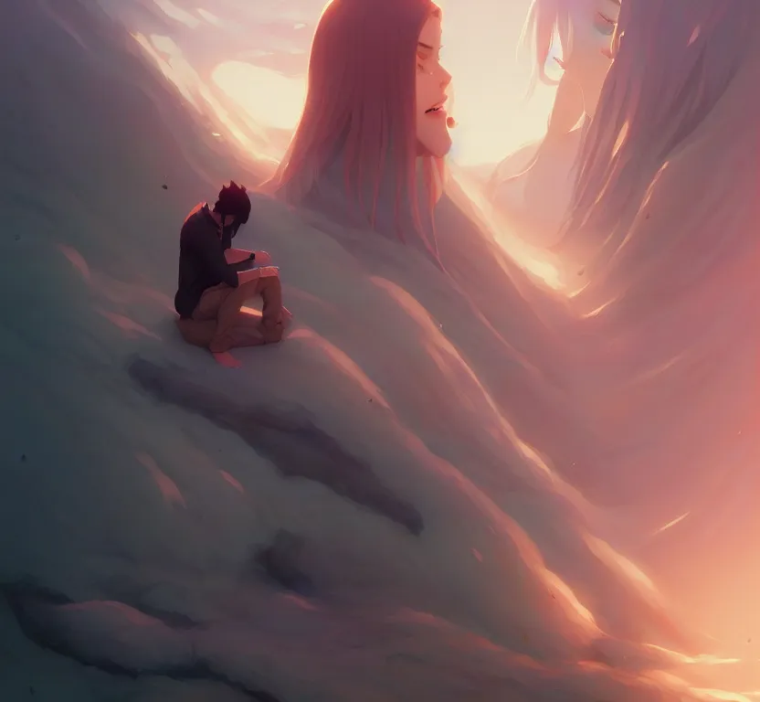 Image similar to ' lost in a lucid dream, my soul drifted away'says the depressed man, by artgerm, stephen bliss, greg rutkowski, loish, rhads, makoto shinkai and lois van baarle, ilya kuvshinov, rossdraws.