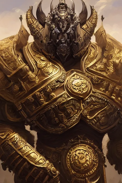 Image similar to dynamic photography portrait of end's level game boss colossus , intricate ornate armor, subject in the middle of the frame, rule of thirds, golden ratio, elegant, digital painting, octane 4k render, zbrush, hyperrealistic, artstation, concept art, smooth, sharp focus, illustration from Warcraft by Ruan Jia and Mandy Jurgens and Artgerm and William-Adolphe Bouguerea