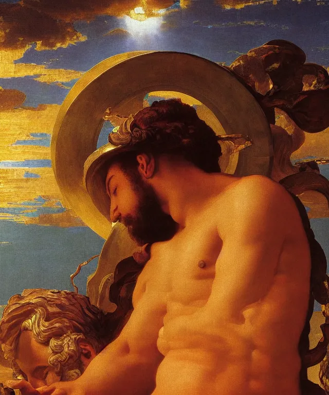 Image similar to a beautifully high detail, intricate, clear detailed portrait of a close up of zeus with an construction hat golden in teal curtain at beautiful sunset daytime nature sunlit nebula background painting by frederic leighton and rosetti, 8 k