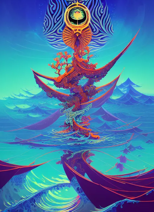 Image similar to fractal tarot card of a shinto naturepunk master of oceans and wind water and boats, beautiful detailed realistic cinematic character concept fashion portrait, hi - fructose art magazine, by anton fadeev and paul lehr and david heskin and josan gonzalez, 8 k