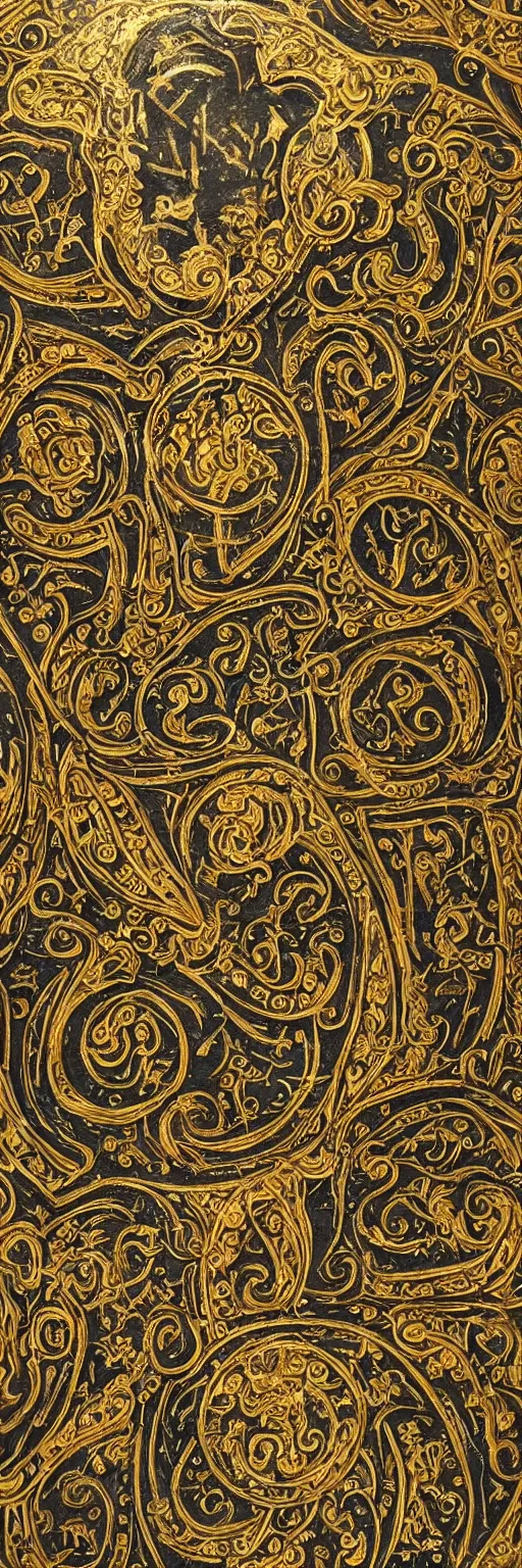 Prompt: magical medieval scroll containing myriad gold inlay symbols and sigils and one a single punisher emblem. detailed, high art, intricate, artisan