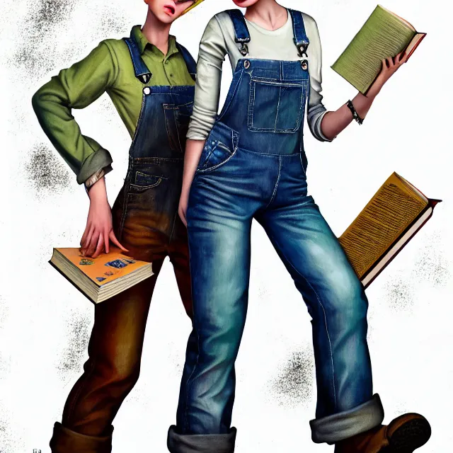 Image similar to full body pose, beautiful adult book fairy, pixar, short white hair shaved sides, dirty, grungy, grunge, long sleeve, painted overalls, stacks of giant books, highly detailed, 4 k, hdr, smooth, sharp focus, high resolution, award - winning photo, artgerm, photorealistic