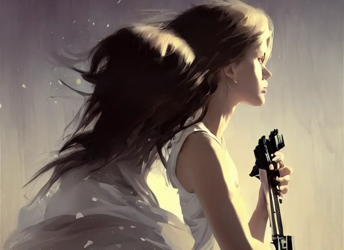 Image similar to white dress girl chasing from crazy grim reaper, holding a gun, messy hair, messy lines, scared face, beautiful and aesthetic and attractive and detailed face, dramatic situation, specular reflection, occlusion shadow, intricate, bokeh, box offic hit, masterpiece, by ilya kuvshinov and jeremy lipking and quentin mabille