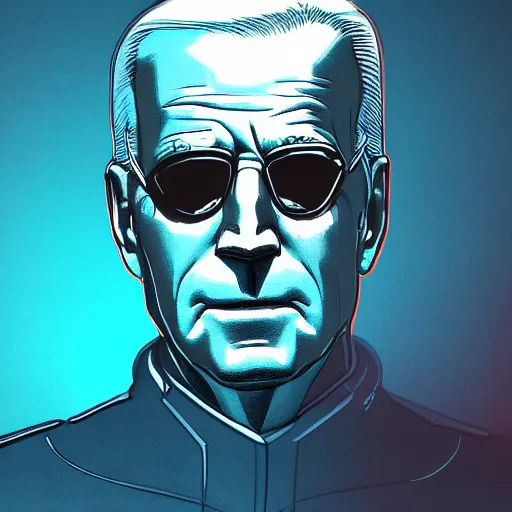 Image similar to cyberpunk joe biden as the leader of a futuristic communist nation, cybernetics, sharp lines, digital, artstation, colored in