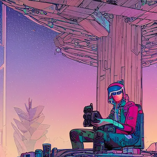 Image similar to explorer with cyberpunk headpiece playing video games in his treehouse, highly detailed, 4k, midnight, by Victo Ngai and James Gilleard , Moebius, Laurie Greasley, adventure time colour palette