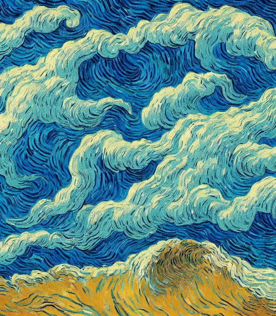 Image similar to an impasto oil painting of a barreling wave painted by vincent van gogh, traidic color scheme, blue and cyan colors, high detail, breathtaking wave, impressionism