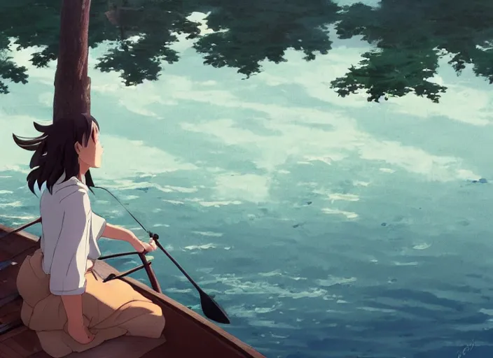 Prompt: a girl fishing on a wooden boat in a river, peaceful and serene, incredible perspective, anime scenery by Makoto Shinkai