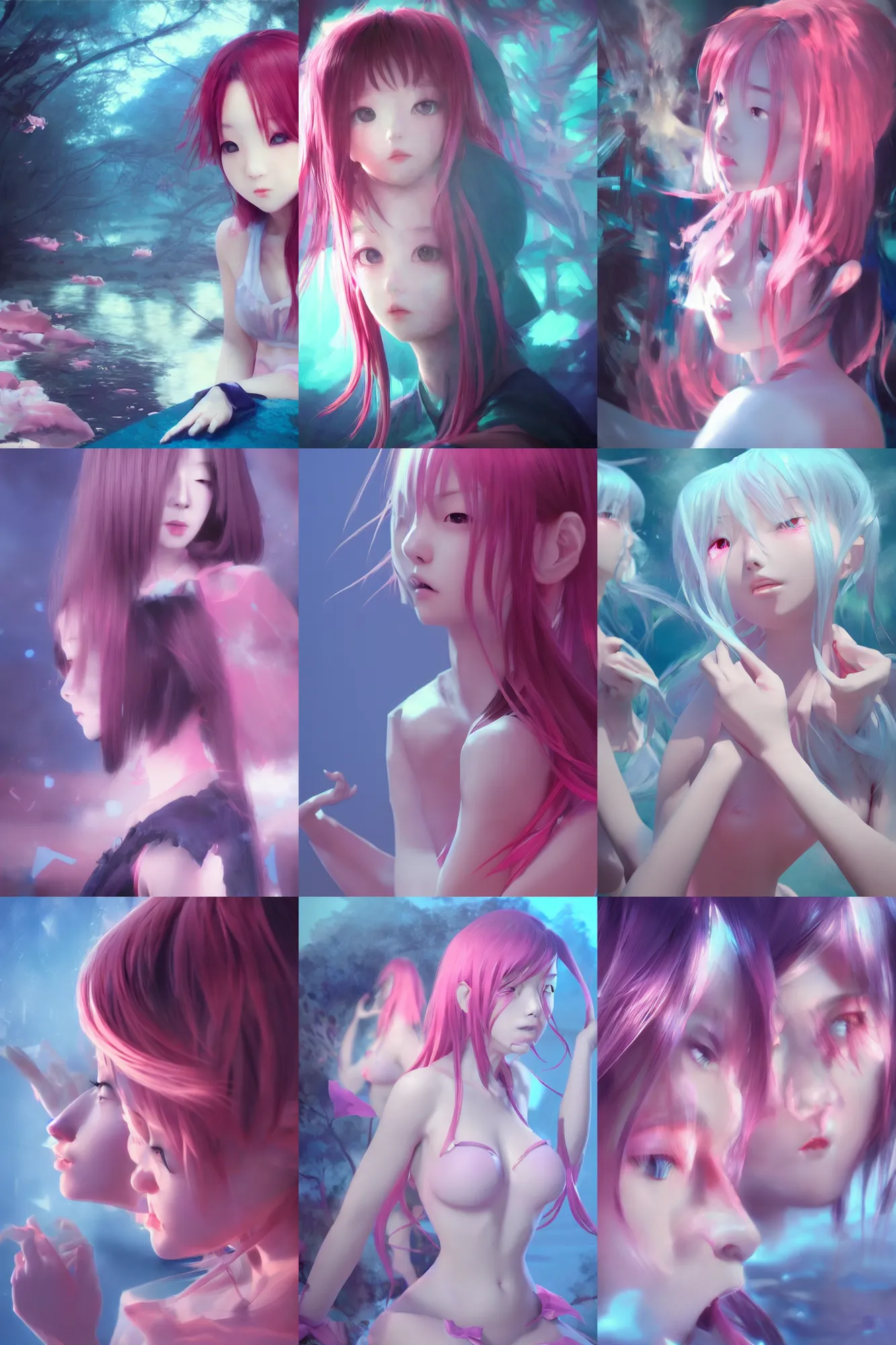 Image similar to 3d dark infrared octane render concept art by D. Jun, by Mo Xiang Tong Xiu, by Igarashi Daisuke by wlop, beauty portrait anime schoolgirls under dark pink and blue water. cute face. complex mirror deep room. dramatic light, trending on artstation.