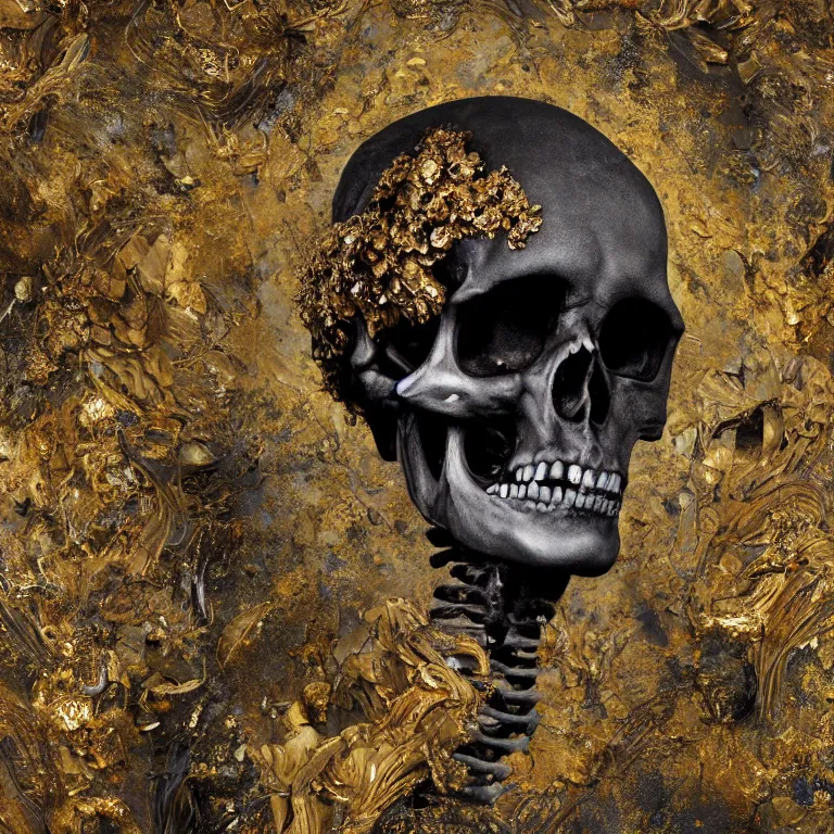 Image similar to A beautiful oil painting hyperrealism of a decayed black skeleton head, rotting black clay skin, bones, close up, gold flowers, gold floral headdress, 8k resolution, octane render, Trending on artstation, by Gediminas Pranckevicius, volumetric light 2blue fractal Thunder glow by dan mumford, anaglyph effect, Laurie Lipton