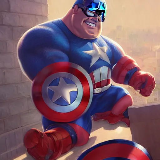 Image similar to peter griffin as captain america, au naturel, hyper detailed, digital art, trending in artstation, cinematic lighting, studio quality, smooth render, unreal engine 5 rendered, octane rendered, art style by klimt and nixeu and ian sprigger and wlop and krenz cushart