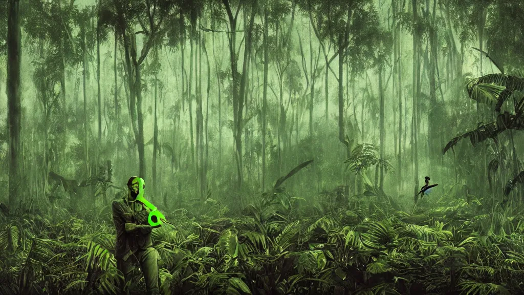 Image similar to snake oil saleman demigod with neon green mask in a swampy jungle landscape, visible sky and humid atmosphere, weekend in formosa by denis villeneuve, grant wood, wlop, kodakchrome, cinematic composition, practical effects, 8 k, trippy film from 2 0 1 9