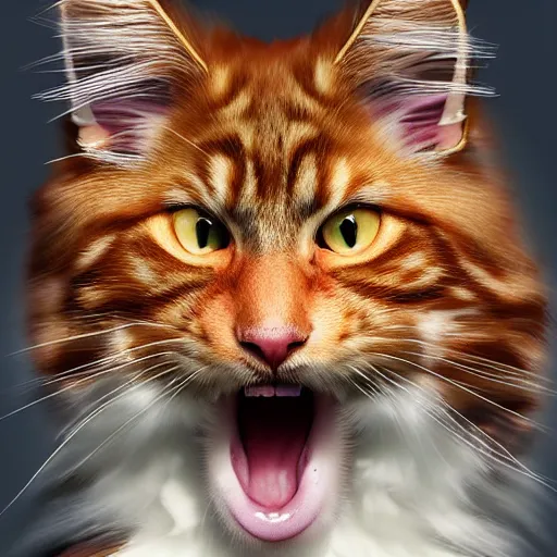 Image similar to orange maine coon cat yawning, norwegian forest cat, cuddly fur, highly detailed, sharp focus, digital painting, artwork by Victor Adame Minguez + Yuumei + Tom Lovell + Sandro Botticelli