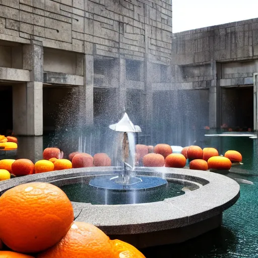 Image similar to magical potions floating in a mystical brutalist space while fountains flow out of oranges