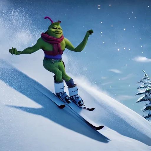 Prompt: shrek skiing, angry, full body shot, cinematic lighting, studio quality