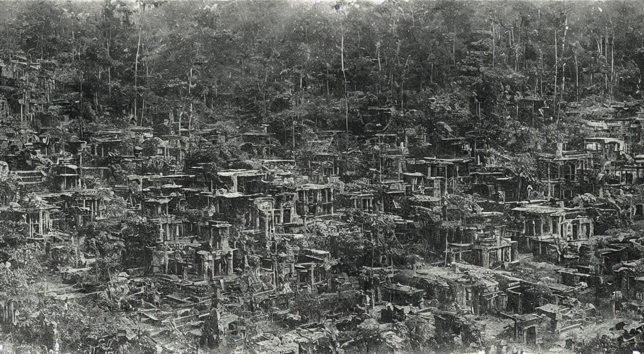 Prompt: a 1900s grainy photo of a lost city found in amazonia's forest