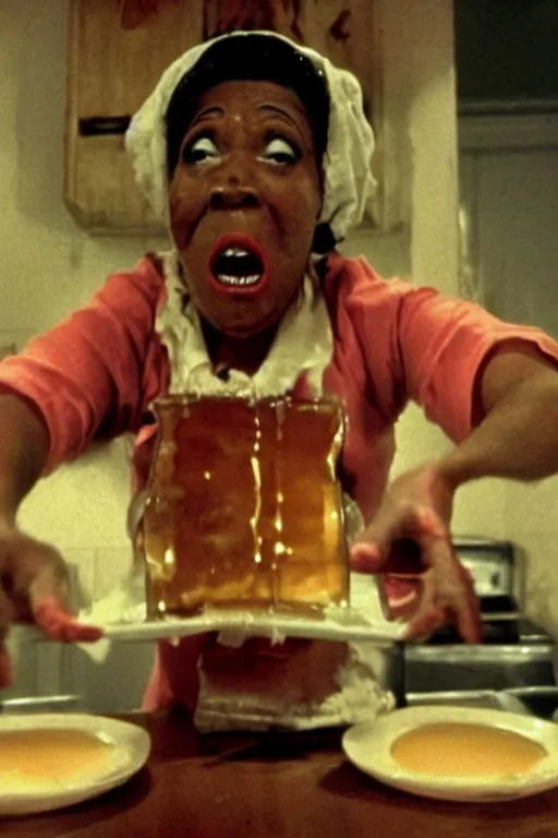 Image similar to aunt jemima covered in maple syrup horror movie cinematic