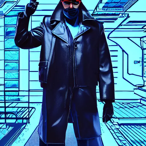 Prompt: cyberpunk man with blue tiny sunglasses and black leather trenchcoat