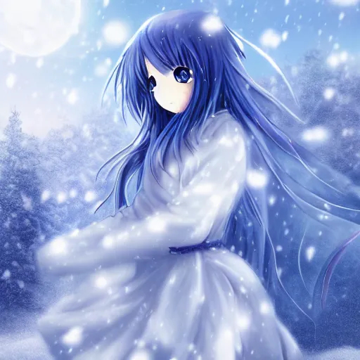 Image similar to anime girl with wings in a snowy tundra, beautiful, extremely detailed, foggy, snow, anime, cinematic lighting, blue eyes, white dress, moonlight, stars,