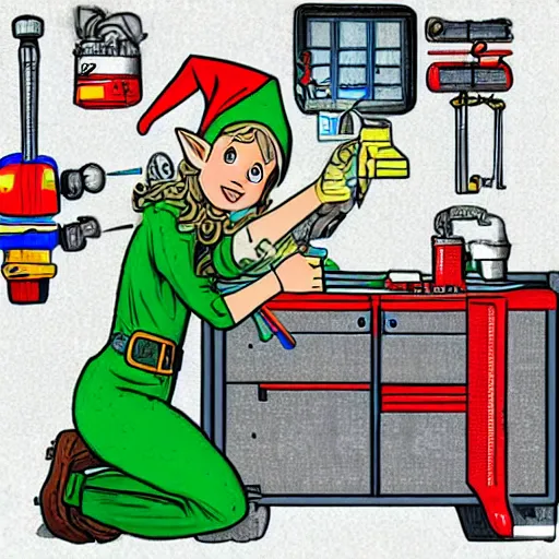 Prompt: An elf wearing overalls tinkering with a gadget in her workshop, digital art