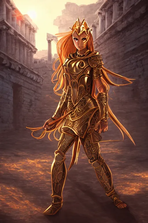 Prompt: portrait knights of zodiac girl, golden and copper shining armor, karate pose, in ruined agora of athens sunrise, ssci - fi and fantasy, intricate and very very beautiful and elegant, highly detailed, digital painting, artstation, concept art, smooth and sharp focus, illustration, art by z - - ed