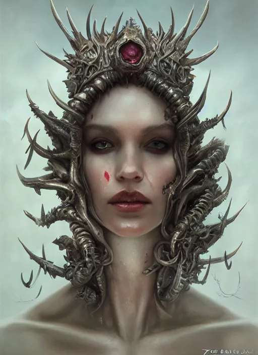 Image similar to a hyper detailed face portrait of the queen of blades, wounded face, diablo 4 lilith, sideshow figurines, by tom bagshaw, artgerm, dorian cleavenger, greg rutkowski, wlop, astri lohne, zdzisław beksinski trending on artstation