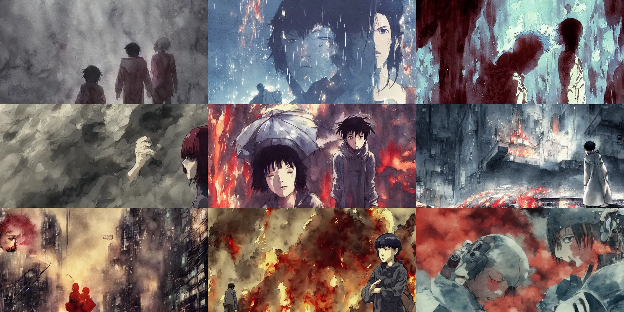 Prompt: incredible creative screenshot, exceptional, emotional faces, ending scene, simple water color, paper texture, katsuhiro otomo ( ( ( ghost in the shell ) ) ) anime movie scene, girl in raincoat, atmospheric, embers, smoke, destroyed robots, crater, chasm, blazing fire, burning inferno, vertigo