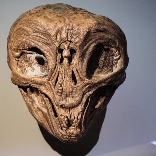 Prompt: alien fossil from another planet on display at a museum