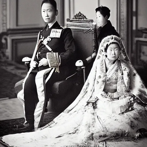 Image similar to An extreme long shot wide shot, colored black and white Russian and Japanese mix historical fantasy a photograph portrait taken at the empress and emperor's royal wedding on their carriage trip back to the palace, they had a private moment together, golden hour, warm lighting, 1907 photo from the official wedding photographer for the royal wedding.