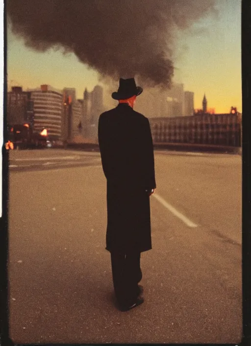 Image similar to mysterious man in suit and hat covered in smoke, standing in the middle of a big metropolis, sunset, polaroid photo