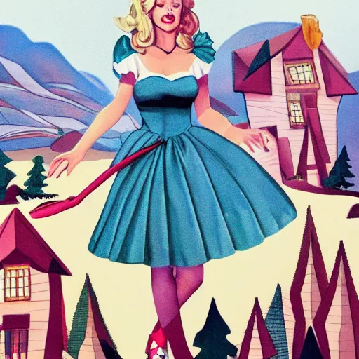 Prompt: giant alice in wonderland, pin up, houses, trees, mountains, woman, city, photo