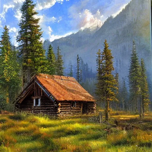 Image similar to a cabin in the woods by james gurney