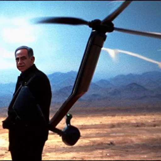 Image similar to benjamin netanyahu as the terminator in a helicopter, establishing shot, cinematic lighting