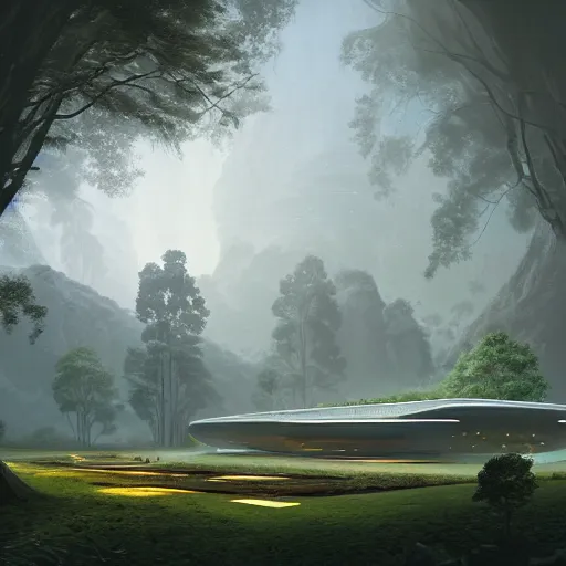 Prompt: futuristic temple between green hills with big trees, monks, shooting stars, dramatic lighting, artstation, matte painting, raphael lacoste, simon stalenhag, frank lloyd wright, zaha hadid