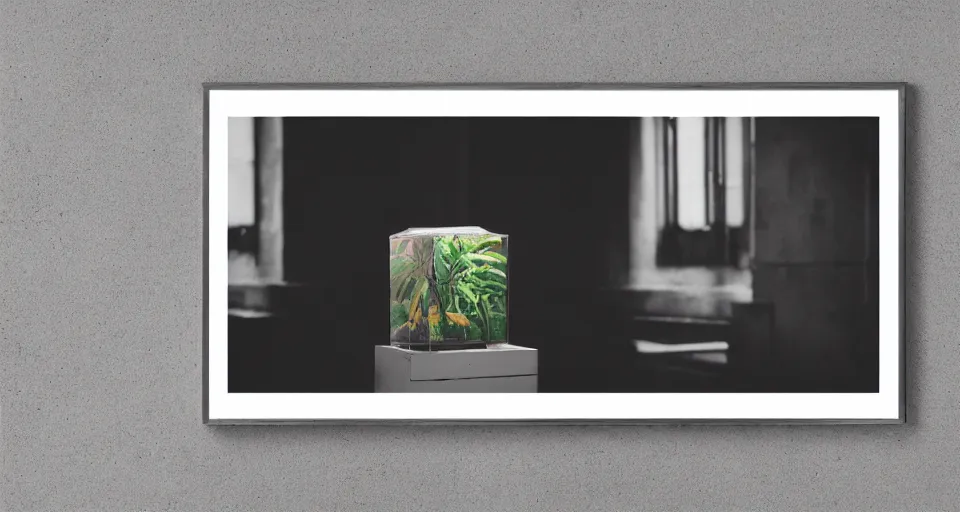Image similar to a rizom photographic print of an exotic object on display in an empty cube | hybrid meaning | anthropology of thoughts | high quality | riso print