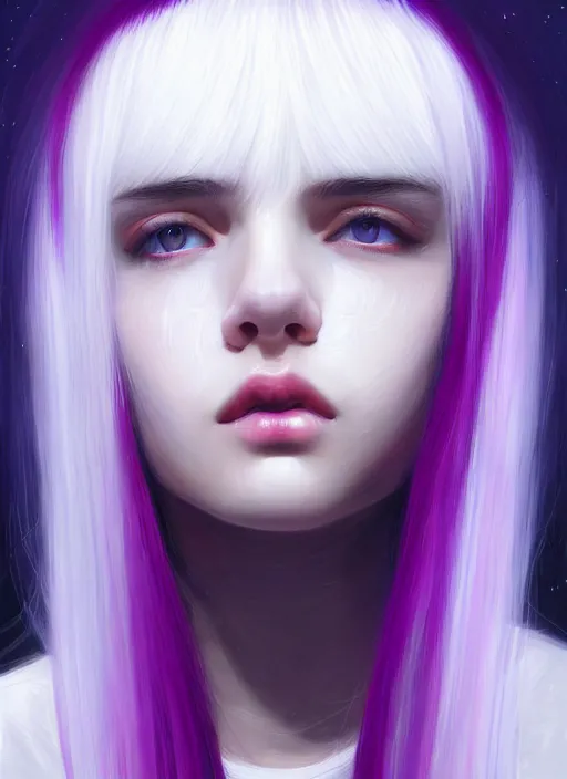 Image similar to hair whitebangs hair, black hair, whitebangs, portrait of teenage girl with white bangs, red irises, purple clothes, white bangs, bangs are different color from hair, intricate, elegant, glowing lights, highly detailed, digital painting, artstation, concept art, smooth, sharp focus, illustration, art by wlop, mars ravelo and greg rutkowski