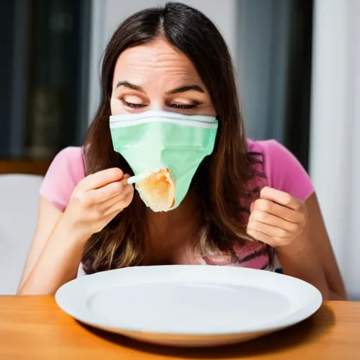 Image similar to woman with a nose mask, eating a plate of soy