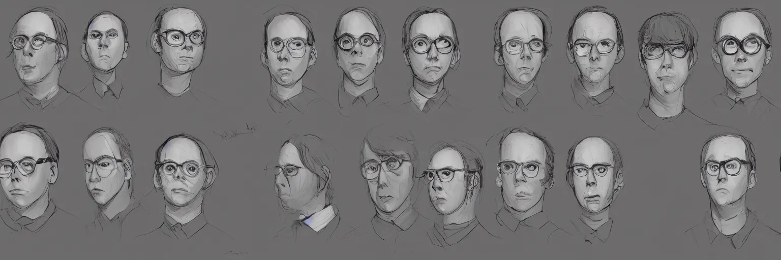 Image similar to character study of todd solondz and paul dano, 2 0 2 2, clear faces, emotional, character sheet, fine details, concept design, contrast, kim jung gi, pixar and da vinci, trending on artstation, 8 k, full body and head, turnaround, front view, back view, ultra wide angle