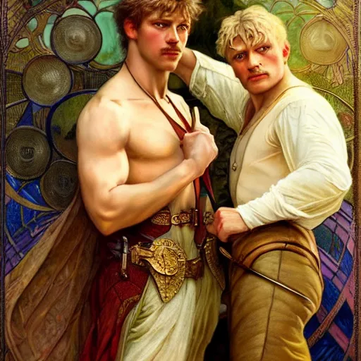 Image similar to manly arthur pendragon and manly merlin. focus on their faces. natural lighting. highly detailed painting by gaston bussiere, j. c. leyendecker, alphonse mucha, greg rutkowski, 8 k